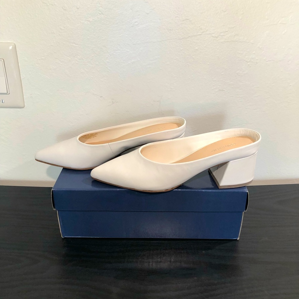 COM & SENS leather mule, white, size 8.5 M, 2” chunky heel, pointed toes.